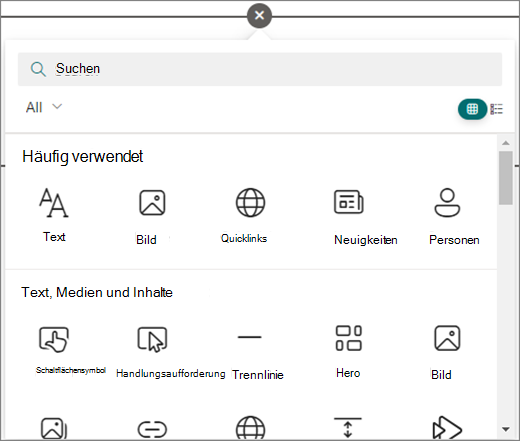 Wählen Sie den Kreis auf einer SharePoint-Seite aus, die Sie bearbeiten, um die verfügbaren Webparts anzuzeigen.