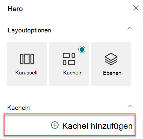 Screenshot: Hinzufügen einer Kachel für das Hero-Webpart