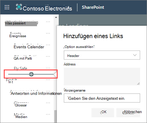 Abbildung des Hinzufügens einer neuen Kopfzeile zur Navigation
