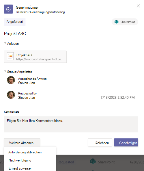 Screenshot der Details der Genehmigungsanforderung für die App.