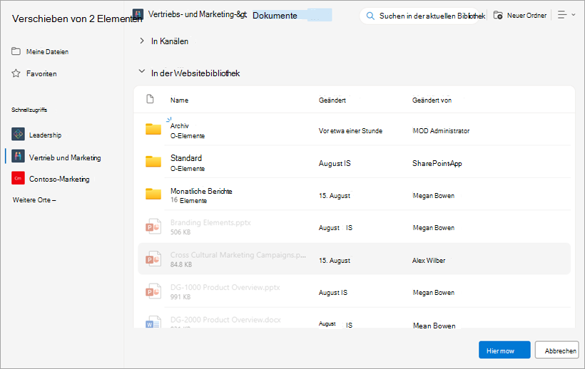 Navigieren Sie zu dem Speicherort, an den Sie die Dateien verschieben möchten.
