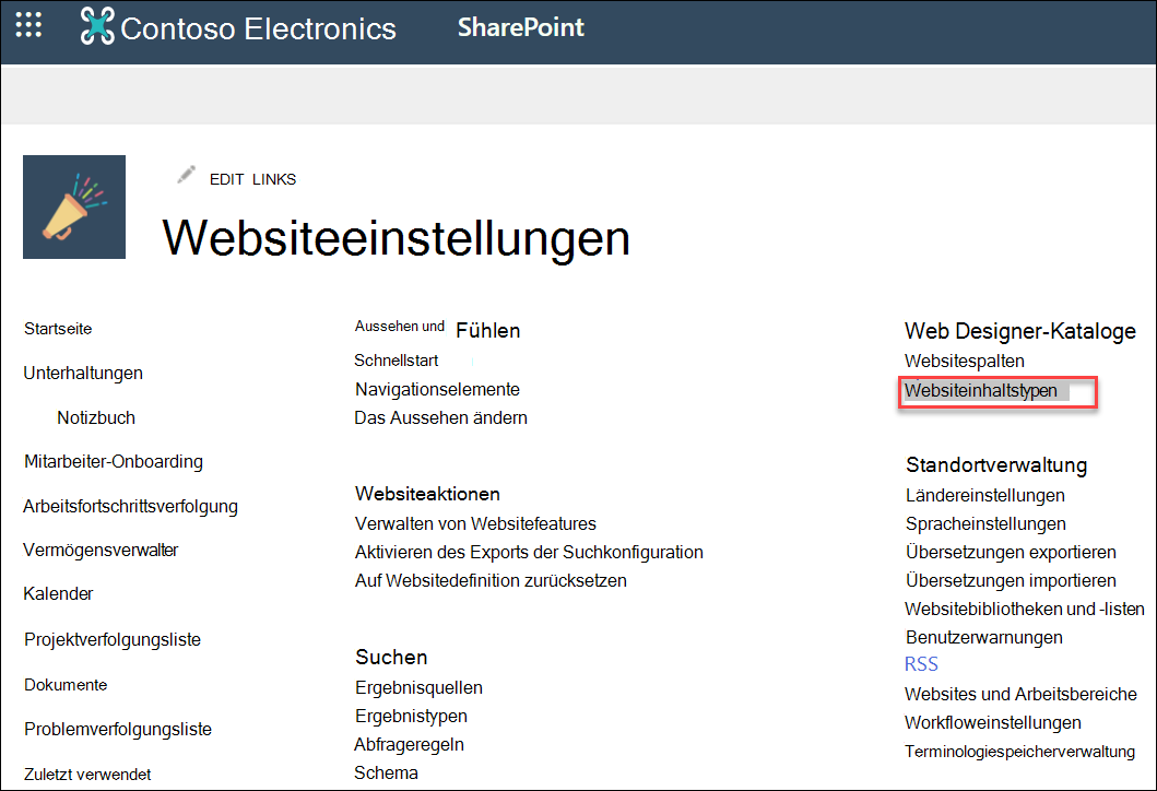 Die Option Websiteinhaltstypen im Dialogfeld Websiteeinstellungen.