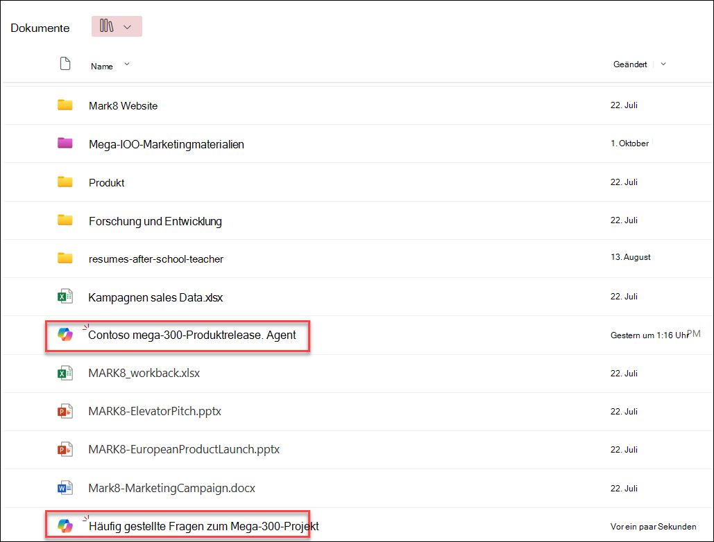 Screenshot: Copilot-Agents, die im aktuellen Dokumentbibliotheksordner gespeichert sind