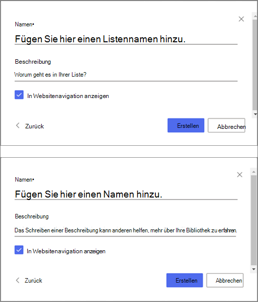 Der obere Teil des Bilds ist ein Fenster zum Eingeben von Informationen für eine leere Liste, und der untere Teil des Bilds ist ein Fenster zum Erstellen einer Dokumentbibliothek.