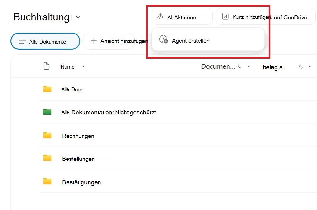 Screenshot: Schaltfläche zum Erstellen eines Agents aus einer SharePoint-Dokumentbibliothek