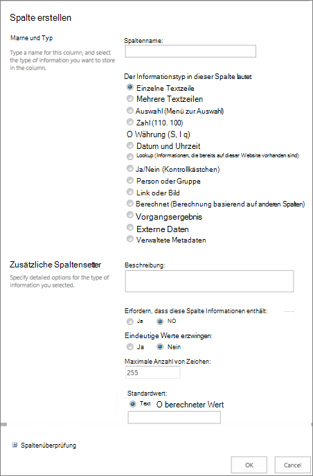 Dialogfeld 'Spalte erstellen'
