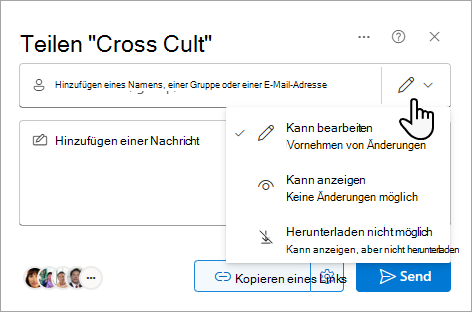 Das Dialogfeld Freigeben mit Optionen für eine freigegebene Datei.