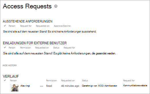 Die Ansicht Zugriffsanforderungen mit dem Anforderungsverlauf.