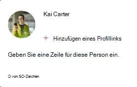 Die Abbildung zeigt eine mittlere People Karte, mit der Sie einen Profillink hinzufügen und einen Slogan für diese Person eingeben können. Die Tagline kann bis zu 50 Zeichen lang sein.