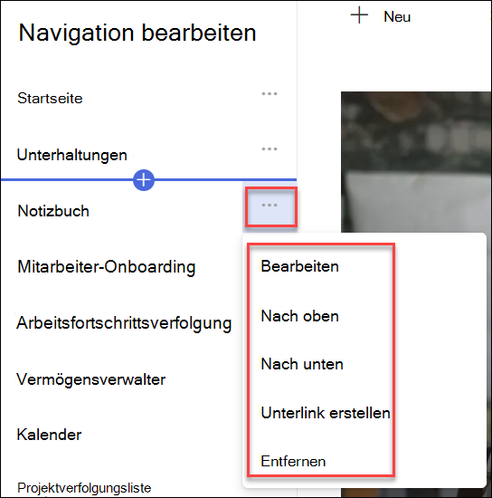 Screenshot des Navigationskontextmenüs