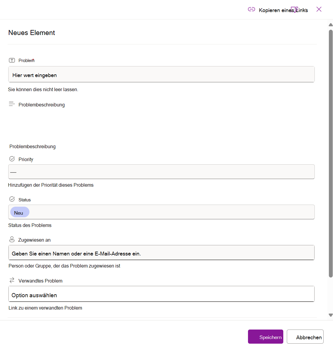 Screenshot des Formulars für ein neues Element für die Issue-Tracker-Liste