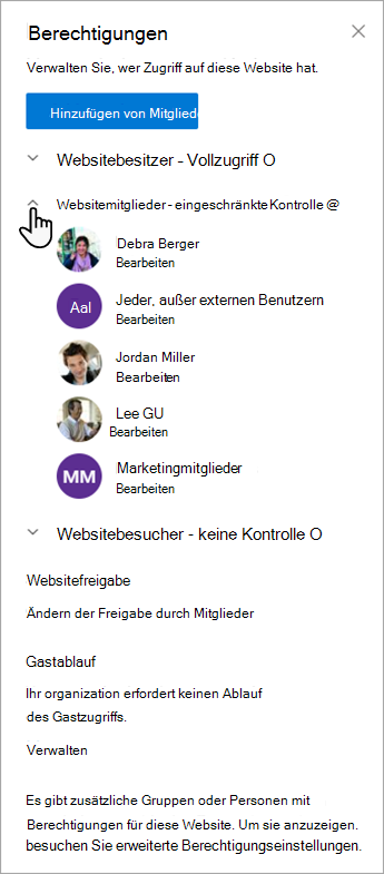 Das Dialogfeld Berechtigungen, in dem Sie Mitglieder und deren Berechtigungsstufen verwalten können.