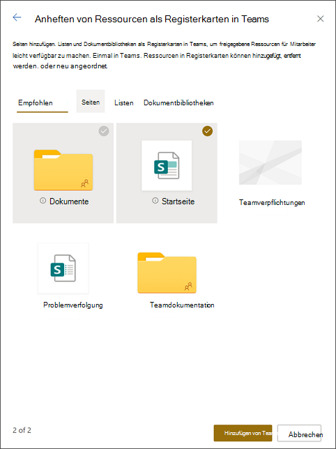 Anheften von Ressourcen auf Registerkarten