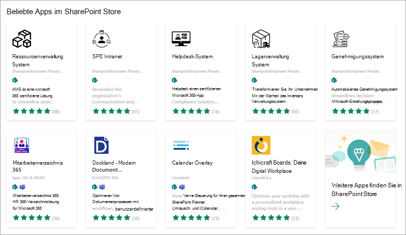 Screenshot: Einige der beliebten Apps, die Sie ihrer Website aus dem SharePoint Store hinzufügen können.