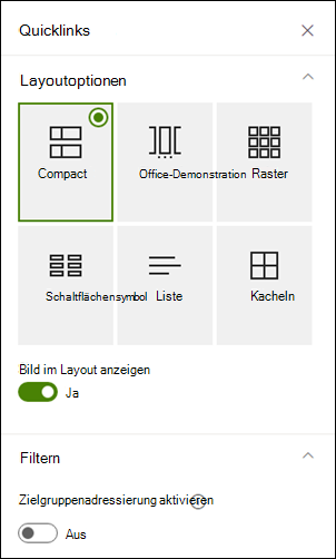 Eigenschaftenbereich mit zusätzlichen Optionen für ein ausgewähltes Layout.