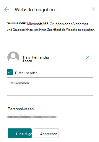 Vorschau auf das Bedienfeld für das Teilen von Websites