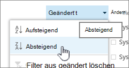 Das Dropdown-Sortiermenü für eine Spaltenüberschrift