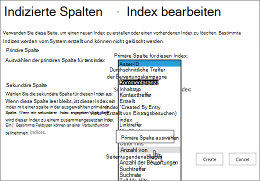 Indexseite bearbeiten mit ausgewählter Spalte aus dem Dropdownfeld