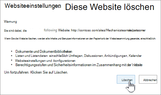 Klicken Sie auf Löschen, wenn Sie sicher sind, dass Sie die Unterwebsite löschen möchten.