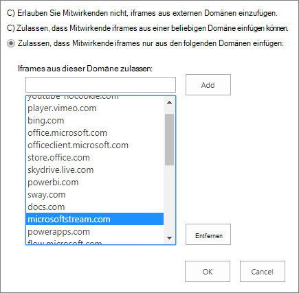 Festlegen der Einschränkungen für das Hinzufügen von iFrames