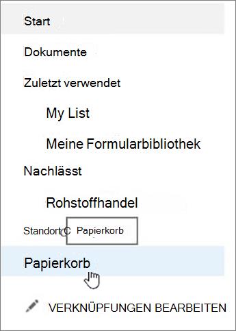 Auswählen des Papierkorbs im linken Navigationsbereich