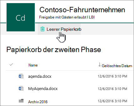 Endgültiger Papierkorb in SharePoint Online mit hervorgehobener Schaltfläche zum Leeren des Papierkorbs