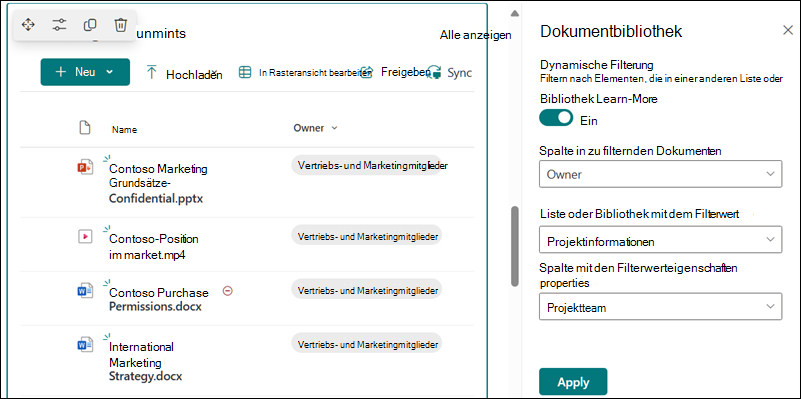 Dokumentbibliothek mit geöffnetem Bereich für dynamische Filteroptionen