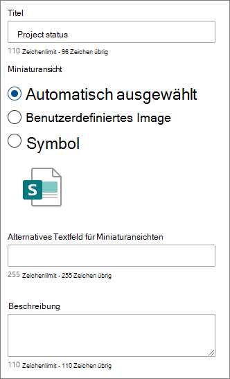 Optionen für einen individuellen Quicklink