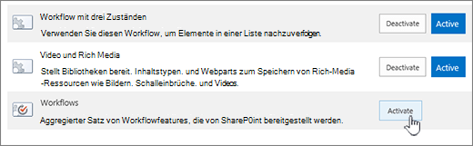 Websitesammlungsfeature, das Workflows aktiviert