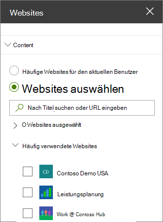Webparteinstellungen für Websites