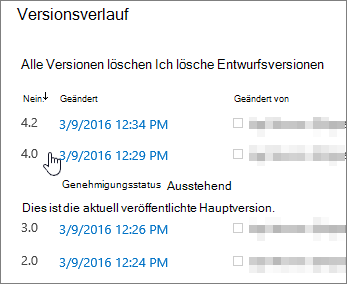 Versionsverlauf mit einer gelöschten Nebenversion