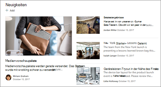 Neuer Abschnitt der Teamwebsite auf der Startseite