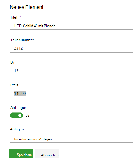 Formular für einzelnes Element für eine Liste