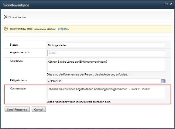Übermitteltes Formular nach Durchführung einer angeforderten Änderung