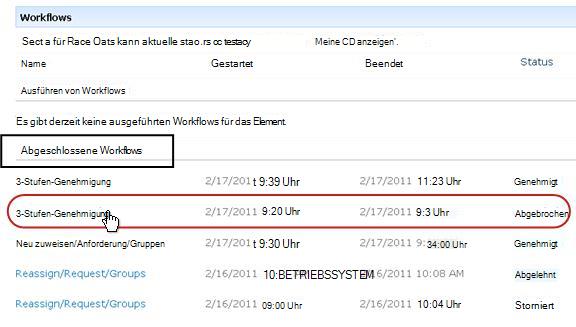 Liste der abgeschlossenen Workflows auf der Workflowseite für ein Element