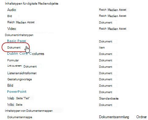 Dokumentinhaltstypen mit Hervorhebung eines Typs