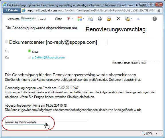 Workflowendbenachrichtigung mit Hervorhebung des Verlauflinks