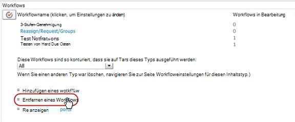 Seite 'Workfloweinstellungen' mit Hervorhebung des Links 'Workflow entfernen'
