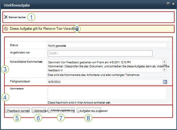 Aufgabenformular zum Sammeln von Feedback mit Hervorhebung der Felder