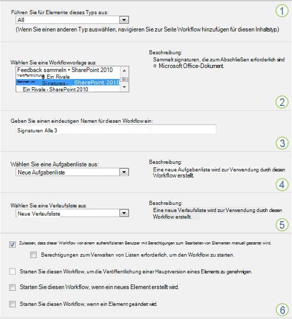 Erste Seite des Zuordnungsformulars für eine einzelne Liste oder Bibliothek