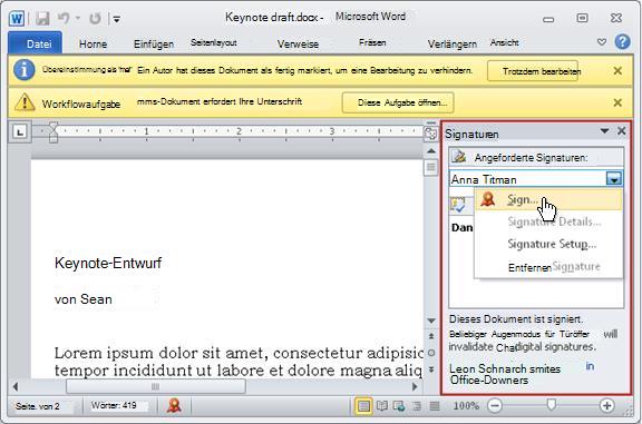 Element mit geöffnetem Signaturbereich