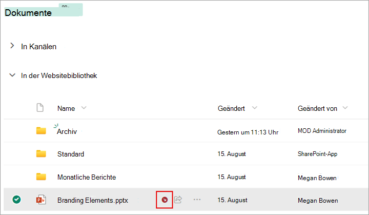 Neben der ausgecheckten Datei wird ein Symbol angezeigt.