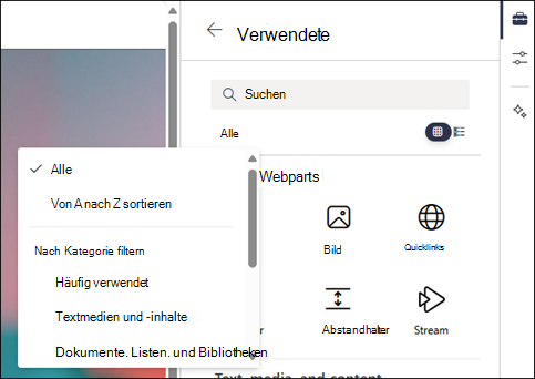 Filtern der Webparts in der Ebene 2 der Toolbox