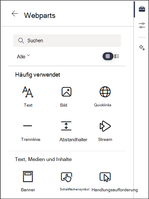 Webparts, die in der Ebene 2 der Toolbox aufgeführt sind