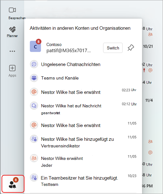 Screenshot: Teams-Aktivitäten über mehrere Konten und Organisationen hinweg.