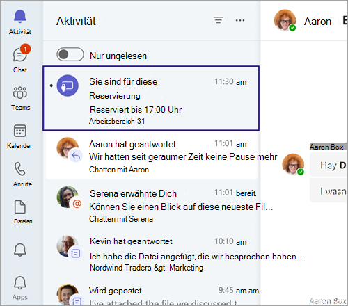 Screenshot: Reservierungsbestätigung des buchbaren Schreibtischs im Teams-Aktivitätsfeed beim Plug-In