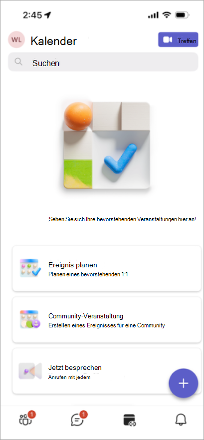 Organisieren Sie Besprechungen, Communityereignisse und vieles mehr über die neu gestaltete Calendar Registerkarte.