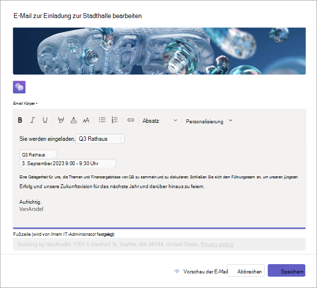 Screenshot, der zeigt, wie man E-Mail-Einladungen für Versammlung bearbeitet