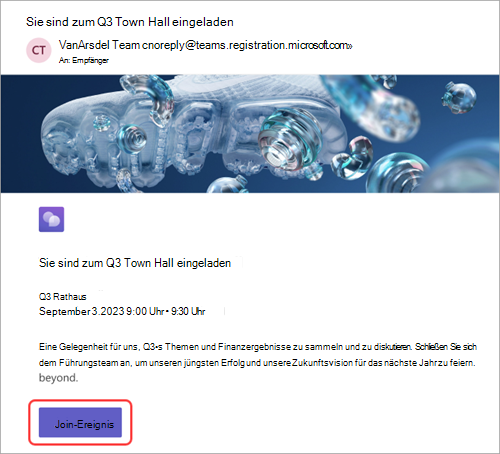 Screenshot der von Teilnehmern empfangene E-Mail-Einladung mit hervorgehobenem Ereignis „Teilnehmen“