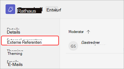 Screenshot mit hervorgehobener Registerkarte „Externe Referenten“ im Terminplanungsformular in Versammlung